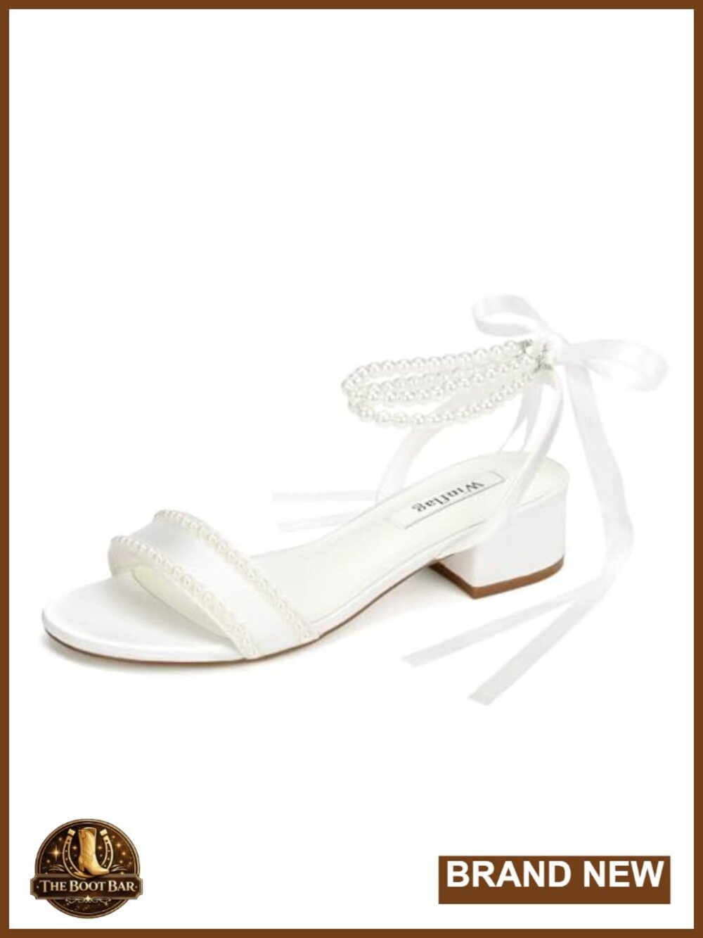 Low Heel Bridal Sandals with Pearl Strap Satin Wedding Shoes